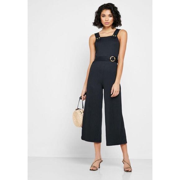 Topshop Anita Black Ribbed Belted Wide Leg Square Neck Sleeveless Jumpsuit Sz 4 - Picture 1 of 9